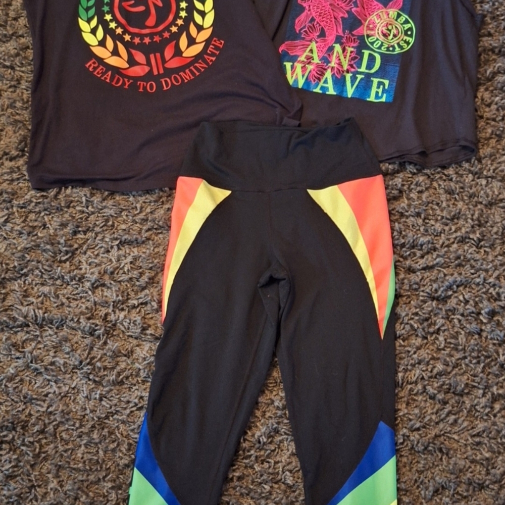 Zumba Fitness Black Leggings with Neon Red, Yellow, Blue & Green Panels